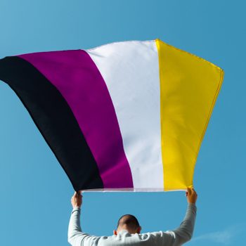 person, seen from behind, waving a non-binary pride flag