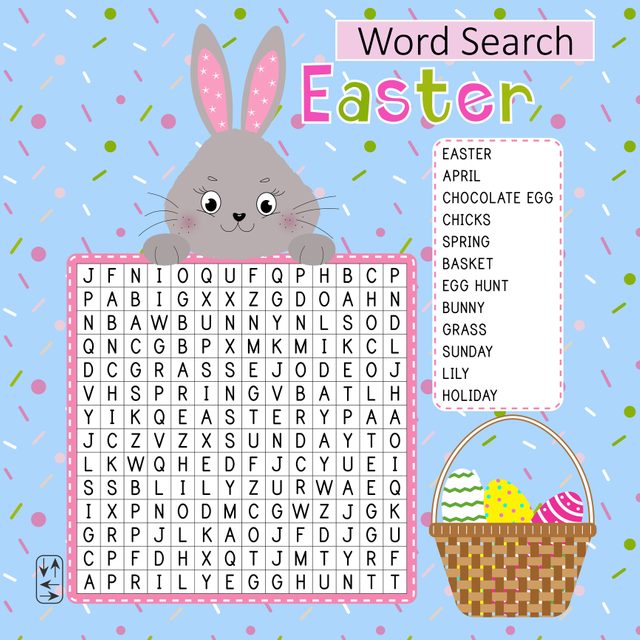 Easter Word Search Puzzle With Cute Rabbit And Basket. 