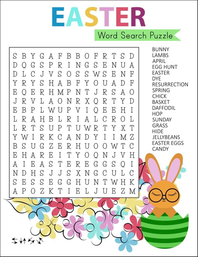 Easter word search puzzle with cute cartoon bunny.