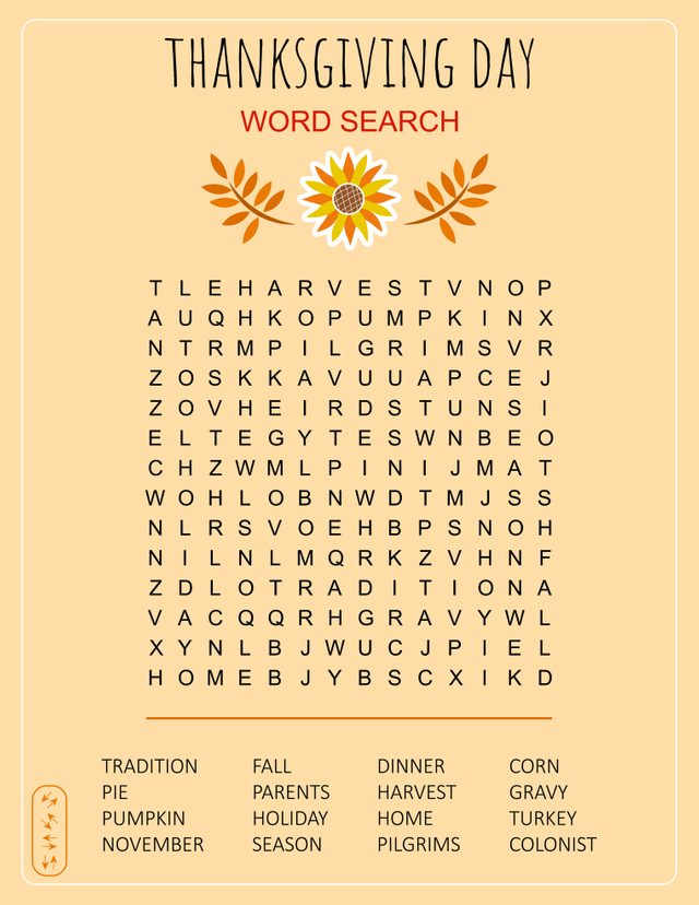 Thanksgiving Day Word Search Puzzle.