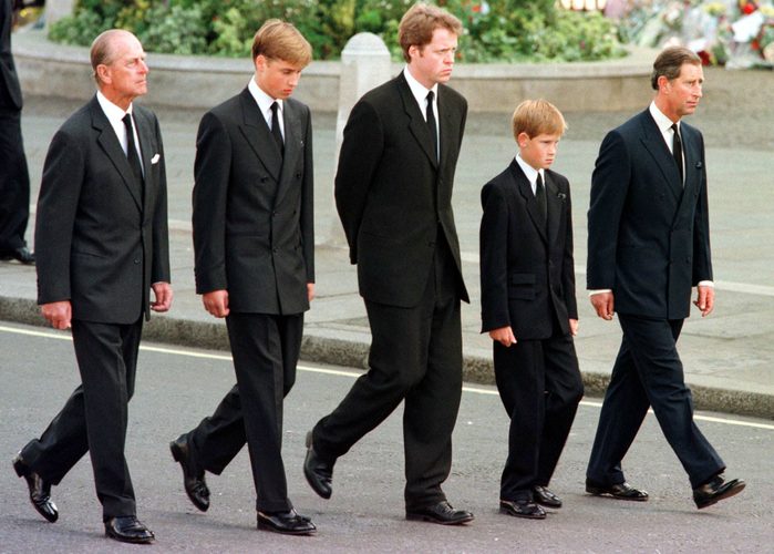 The Duke of Edinburgh, Prince William, Earl Spencer, Prince Harry and Prince Charles walk outside Westminster Abbey during the funeral service for Diana, Princess of Wales