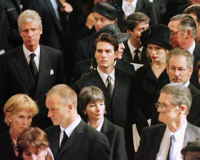 US film director Steven Spielberg (right), actors Tom Cruise (3R) and Nicole Kidman (2R), pop singer Sting (2L) with his wife Trudy Styler arrive for the funeral service of Diana