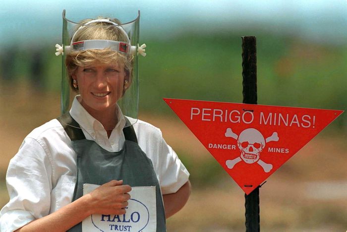 Diana, Princess Of Wales, Visits A Minefield Being Cleared By The Charity Halo In Huambo, Angola, Wearing Protective Body Armour And A Visor.