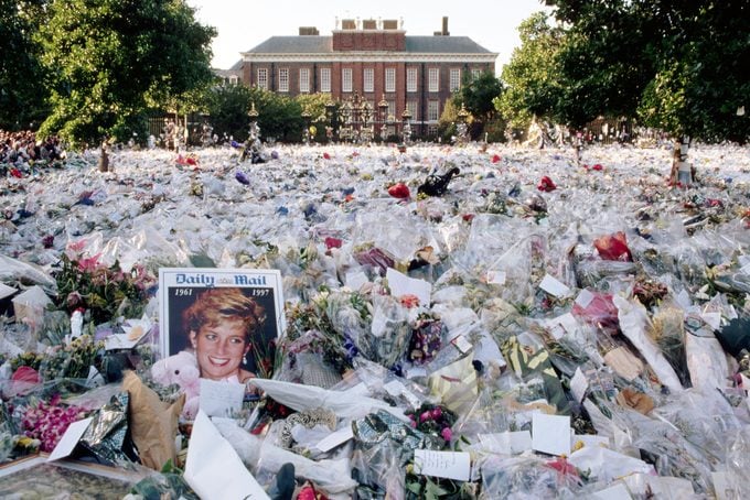 A multi-colored sea of floral tributes to Diana, Princess of Wales, lie outside the gates of her London home. The flowers began to arrive soon after news of Diana's death, in a Paris car crash, reached Britain.