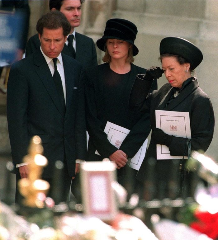 Princess Margaret with her son Lord Linley and his wife Lady Serena Linley leaving Westminster Abbey after the funeral service for Diana