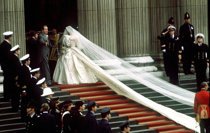 view of Lady Diana Spencer wedding dress train and veil as she arrives at St Paul's Cathedral on the day of her wedding to the Prince of Wales, 29th July 1981.