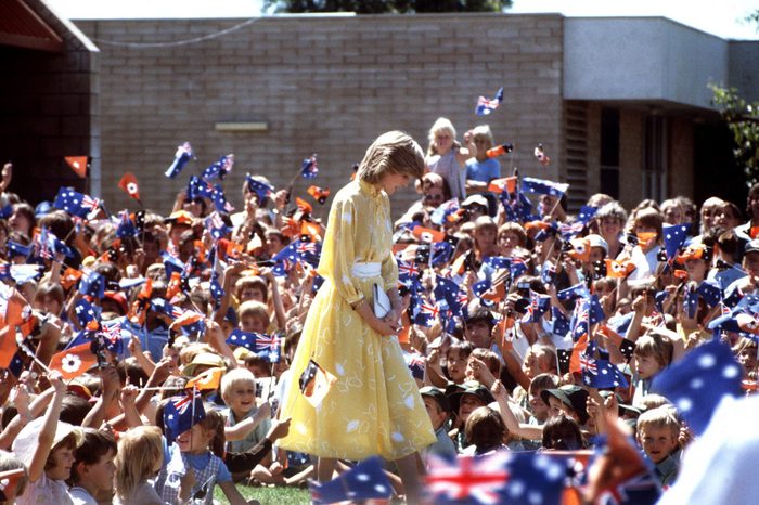 Princess Diana at the School of the Air, in Alice Springs, Australia, 30th March 1983. She is wearing a dress by Jan van Velden.