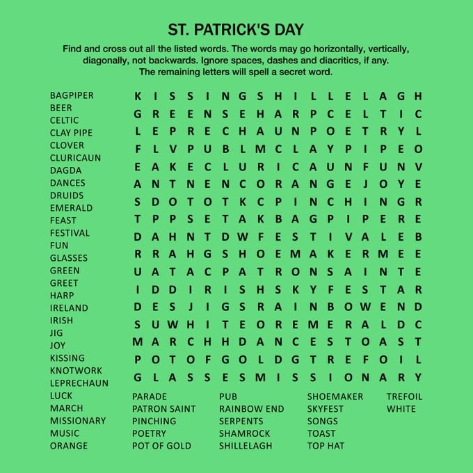 St patricks day word search puzzle