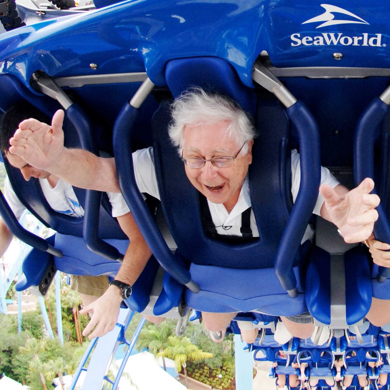 Paul Ruben riding a roller coaster at Seaworld Orlando 