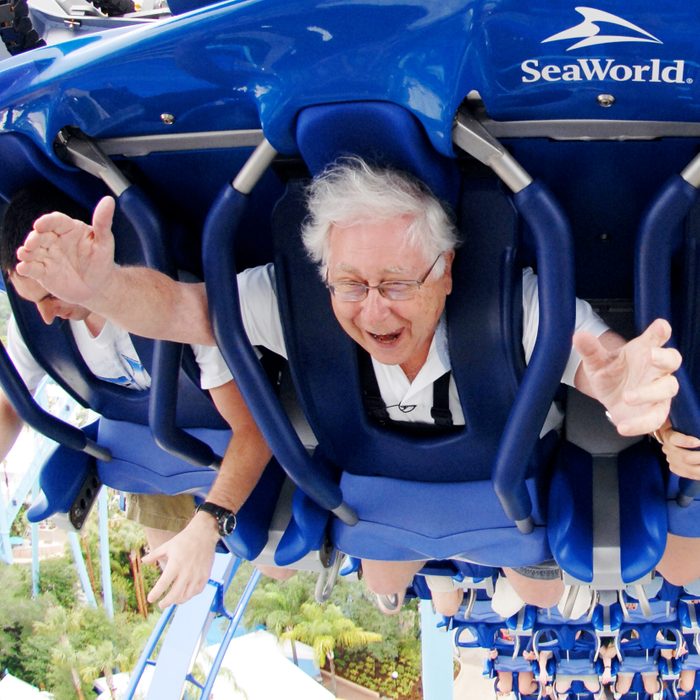 Paul Ruben riding a roller coaster at Seaworld Orlando 