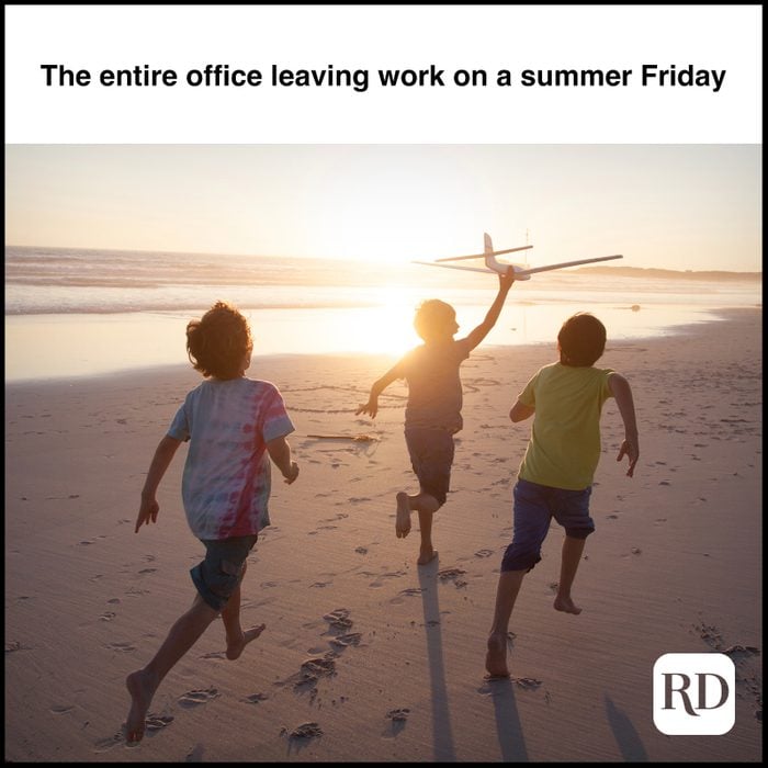 Three kids running on the beach MEME TEXT: The entire office leaving work on a summer Friday
