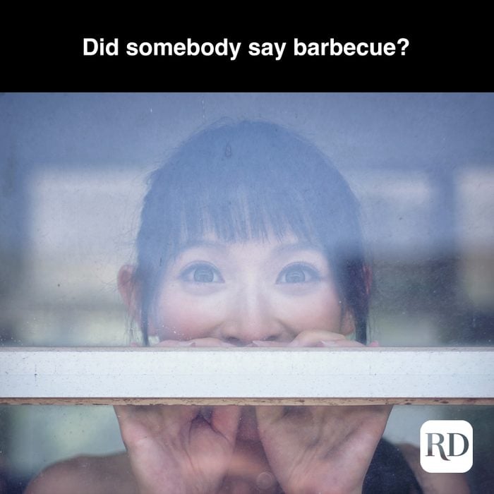 Woman peeking through window MEME TEXT: Did somebody say barbecue?