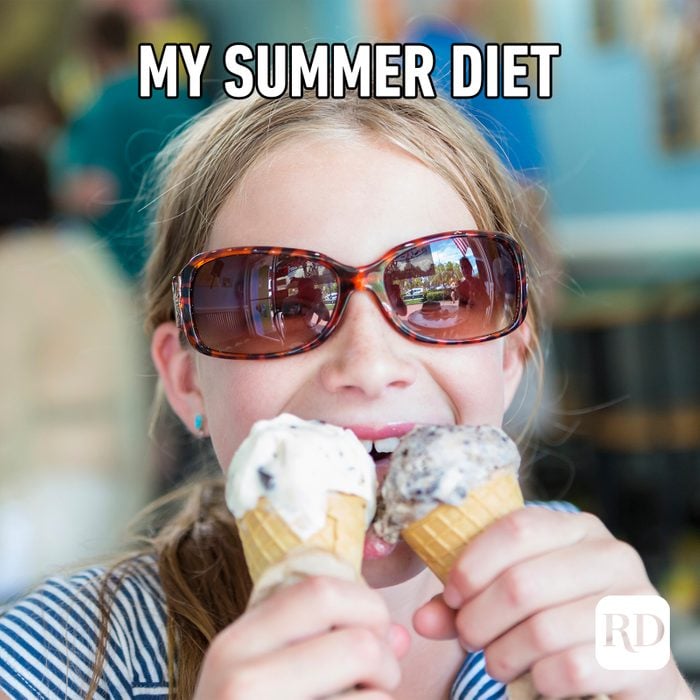 Girl holding two ice cream cones MEME TEXT: My summer diet