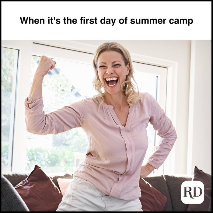 Excited woman inside a house MEME TEXT: When it's the first day of summer camp