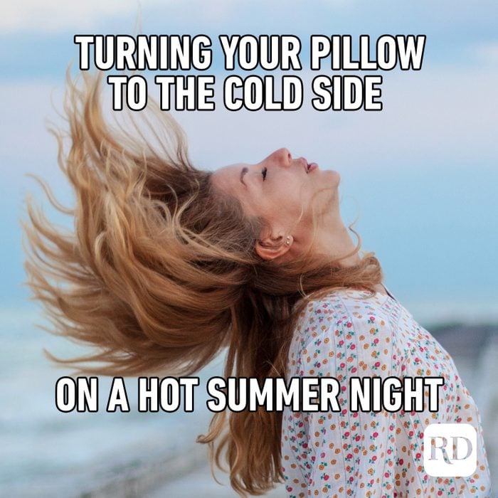 Woman throwing head back MEME TEXT: Turning your pillow to the cold side on a hot summer night