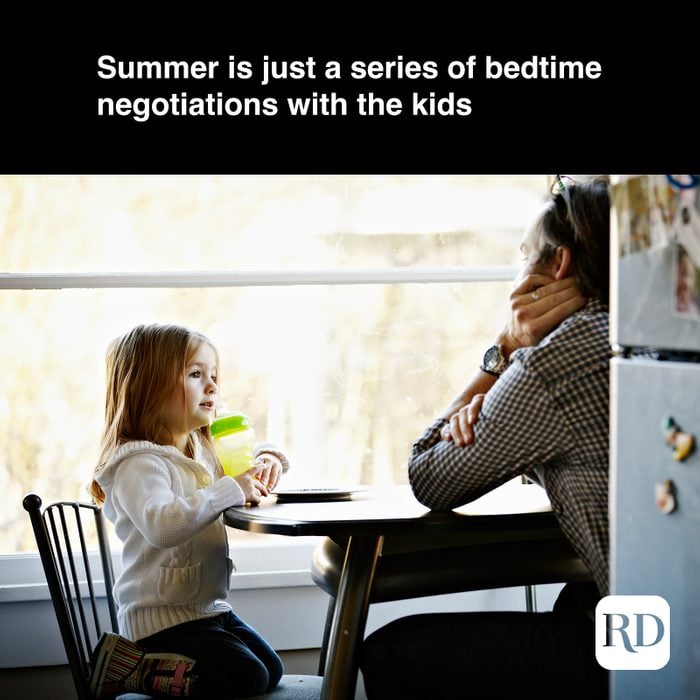 Child talking to parent at table MEME TEXT: Summer is just a series of bedtime negotiations with the kids