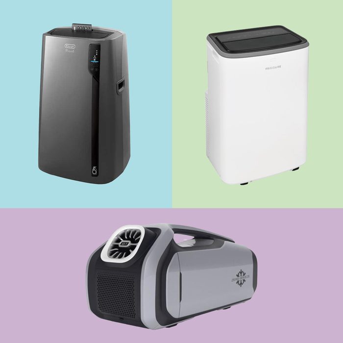3 Portable Air Conditioners on colored backgrounds