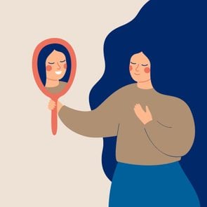 Woman with flowing blue hair looks into mirror, which smiles back at her (illustration)