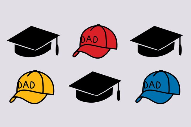 Three "Dad" baseball caps and three graduation caps