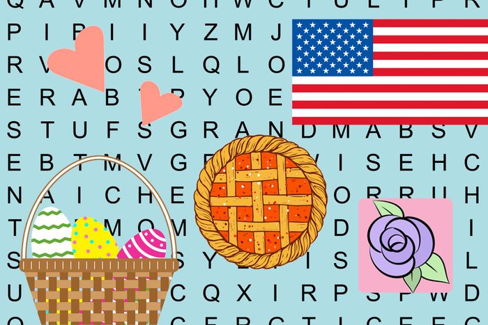 word search puzzle background with icons to represent holidays like valentines day, easter, thanksgiving, july 4th, and mother's day