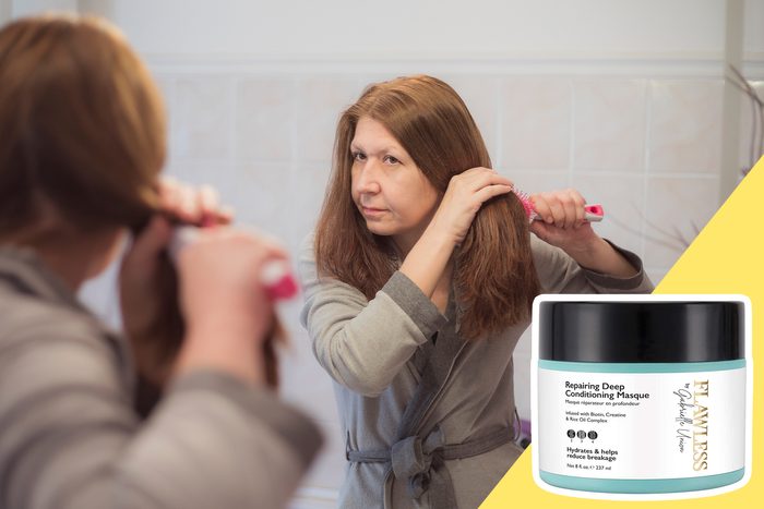 woman examining her hair in the mirror with inset of hair product