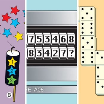 three math puzzle graphics lined up vertically