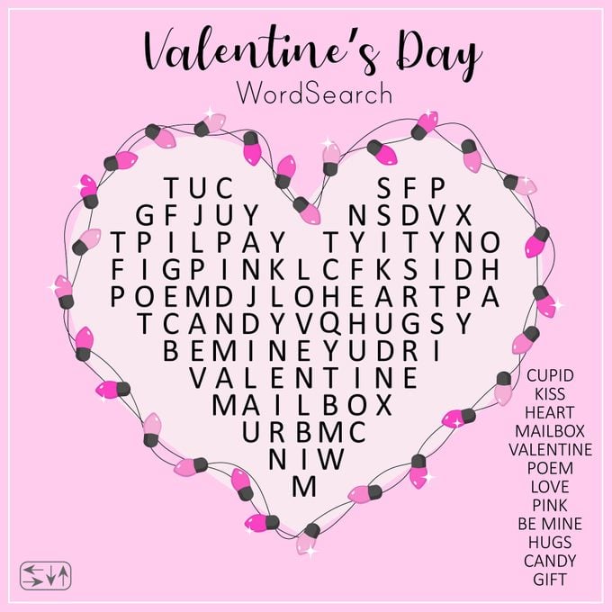 Valentine's Day Word Search Puzzle With Heart. 