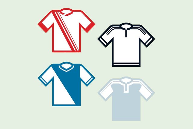 Four shirts with various color accents: red, blue, black, and gray