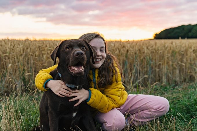 Young girl cuddling her chocolate labrador retriever at sunset