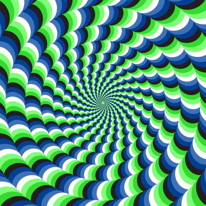 Optical Motion Illusion Vector Background. Blue Green Wavy Spiral Stripes Move Around The Center.