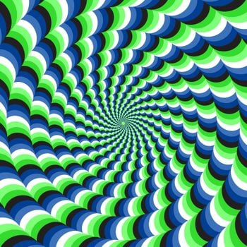 Optical Motion Illusion Vector Background. Blue Green Wavy Spiral Stripes Move Around The Center.