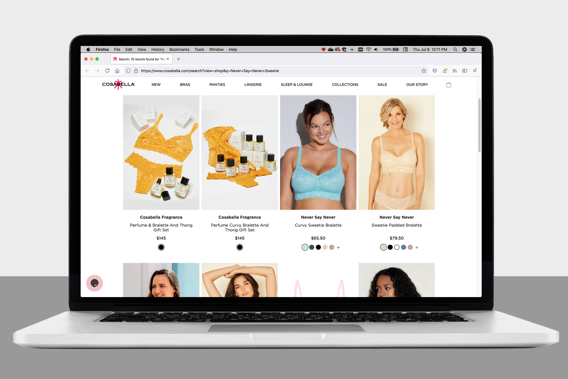 cosabella's website showing many versions of the bra; screen scrolling on a laptop