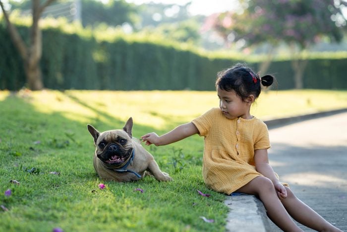 young girl sitting with french bulldog