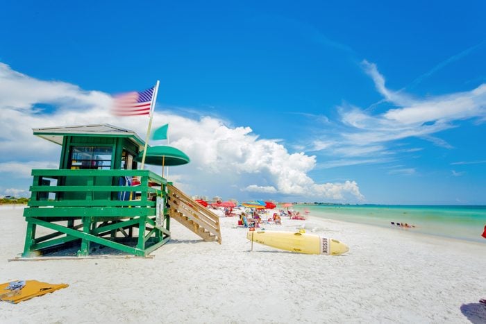 A lifeguard tower at an idyllic beach in a sunny summer day. Siesta Key beach at Sarasota, Florida