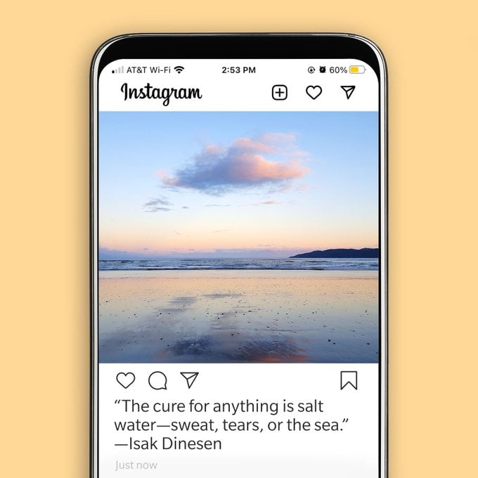 instagram screenshot displaying a beach sunset with a beach quote caption