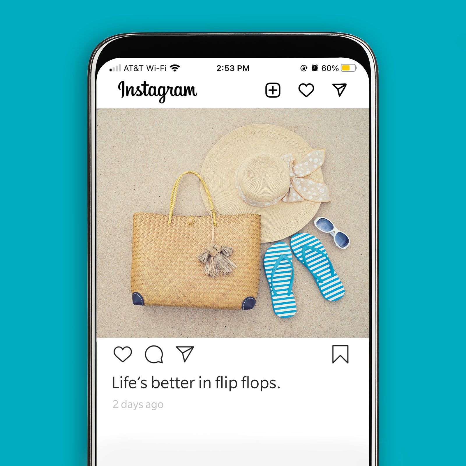 instagram screenshot displaying a flat lay image of a tote bag, hat and flip flops with a summer beach caption