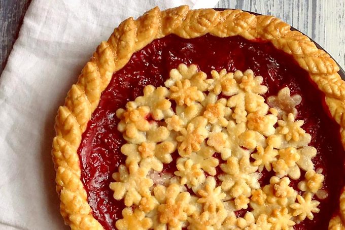 Loganberry Pie with decorative flower crust on the top