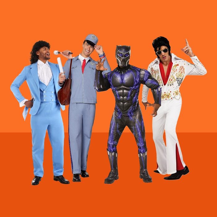 4 Mens halloween costumes on orange background