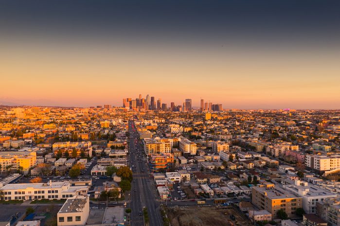Los Angeles downtown aerial view at sunset