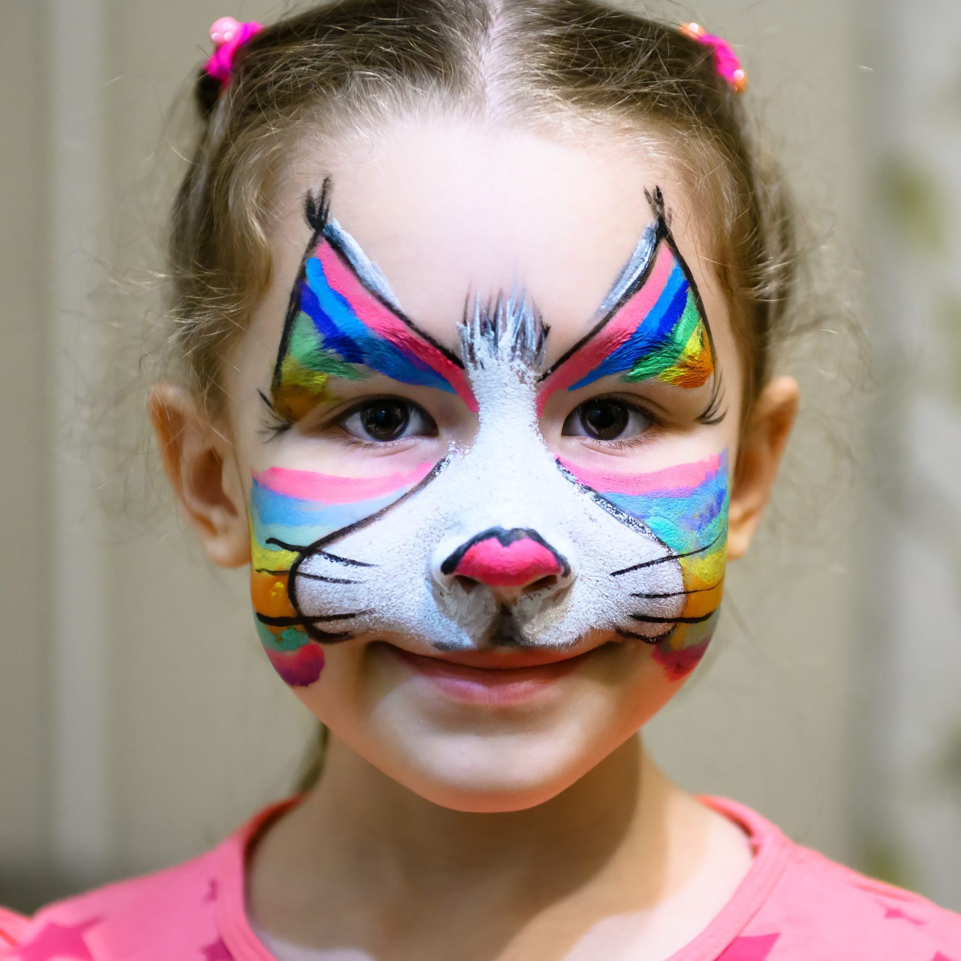 young girl with rainbow cat face paint for halloween