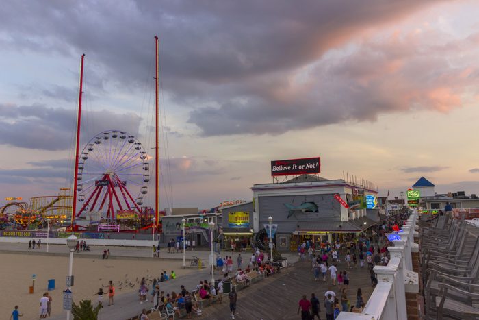 Ocean city, MD boardwalk and pier at sunset 2015