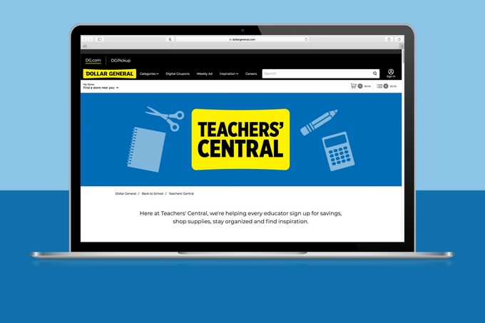 Página de inicio del sitio web de Dollar General Teacher Central en la pantalla de un portátil