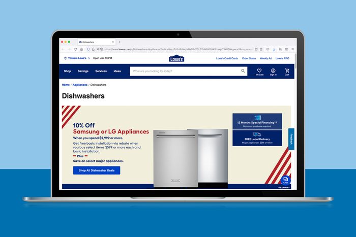 Labor Day Sales on dishwashers at lowes.com shown on laptop