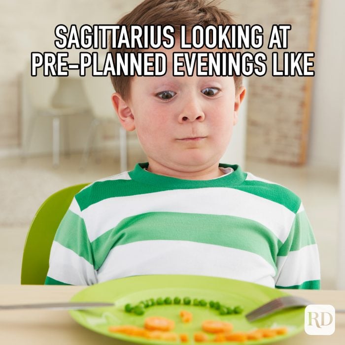 Sagittarius Looking At Pre Planned Evenings Like meme text on top of child looking frightened of vegetables on plate