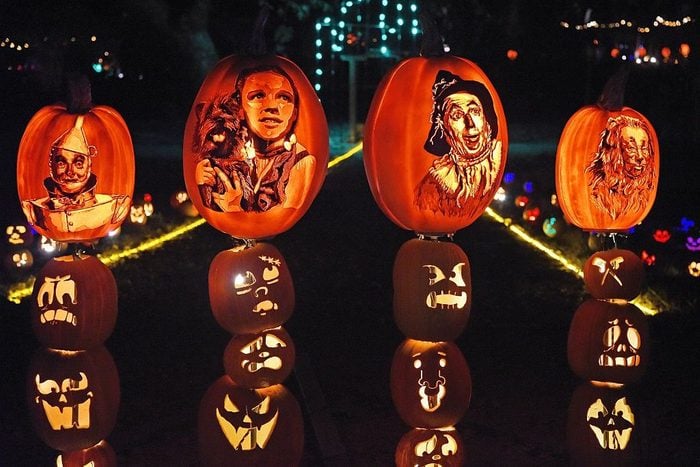 Wizard of Oz characters carved into halloween pumpkins
