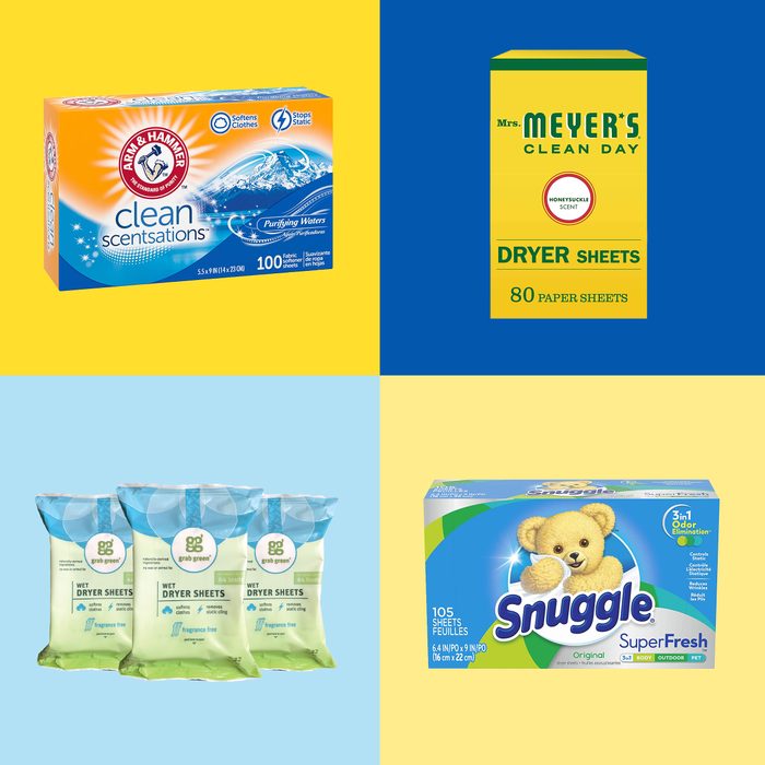 4 Dryer Sheet packages on blue and yellow square backgrounds
