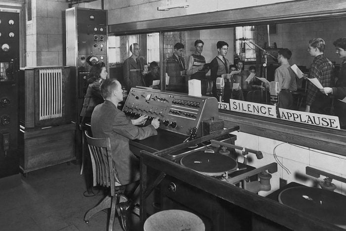 Students broadcasting and recording their own compositions in the radio studios at Brooklyn Technical High School, Brooklyn, New York, circa 1948