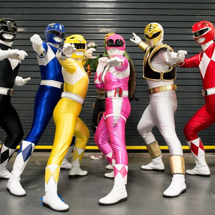 group of friends dressed as power rangers for halloween