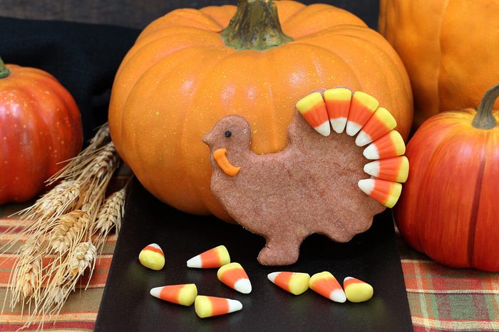 Turkey cookie with a candy corn tail for Thanksgiving in a fall setting