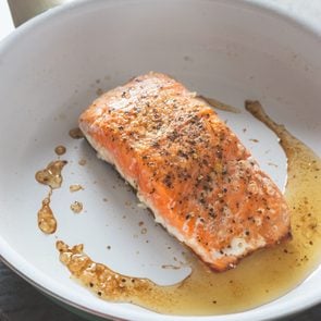 cooked salmon in frying pan